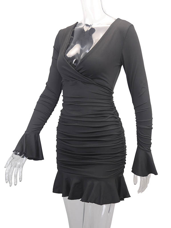 Split-Joint Solid Color Ruffled Pleated Ruffle Sleeves Long Sleeves V-Neck Midi Dresses
