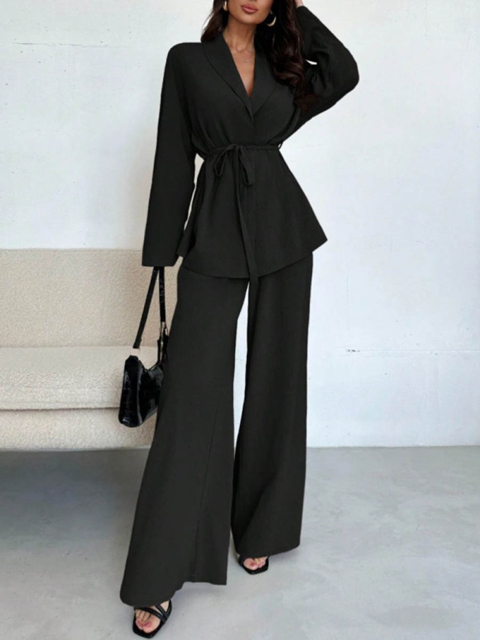 Tied Waist Solid Color Wide Leg Long Sleeves V-Neck Suits