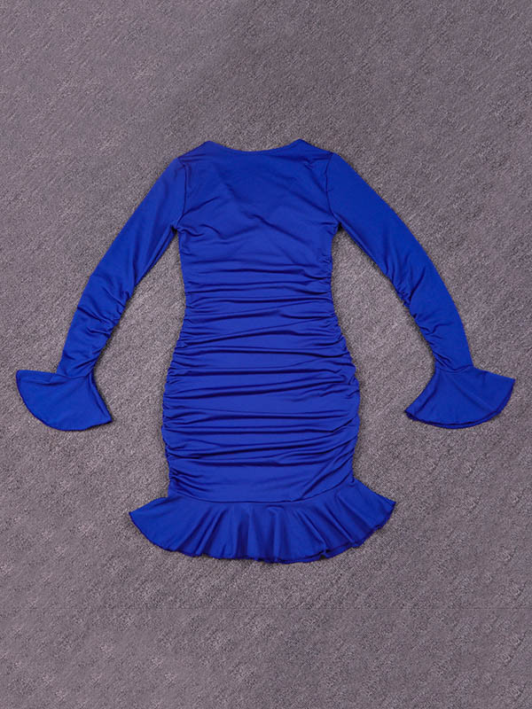 Split-Joint Solid Color Ruffled Pleated Ruffle Sleeves Long Sleeves V-Neck Midi Dresses