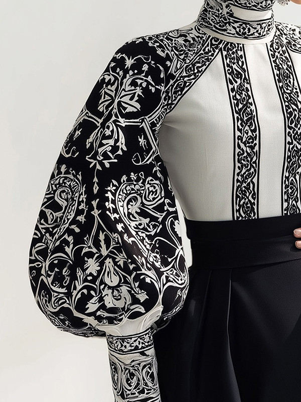 Flower Print Contrast Color Puff Sleeves Loose High Neck Blouses&Shirts Tops