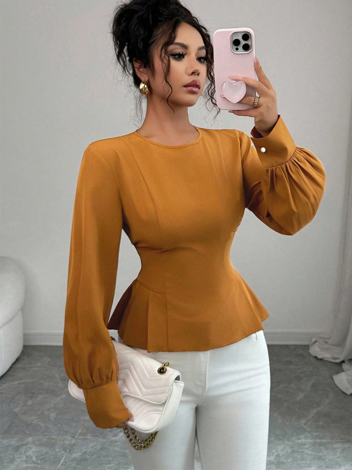 Solid Color Ruffled Pleated Asymmetric Skinny Puff Sleeves Round-Neck Blouses&Shirts Tops