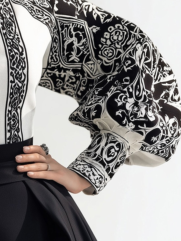 Flower Print Contrast Color Puff Sleeves Loose High Neck Blouses&Shirts Tops