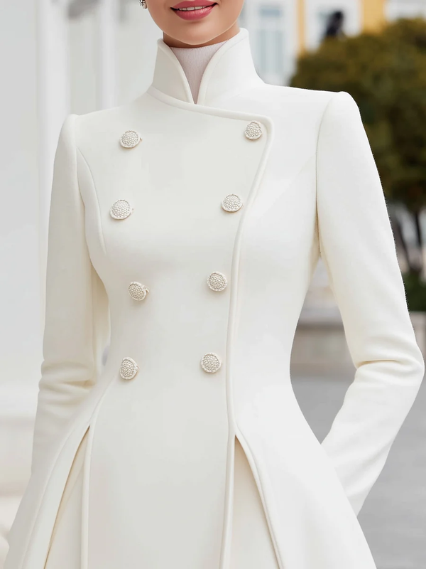 Solid Color Pockets Pleated Buttoned Long Sleeves High Waisted Stand Collar Overcoat Midi Dresses