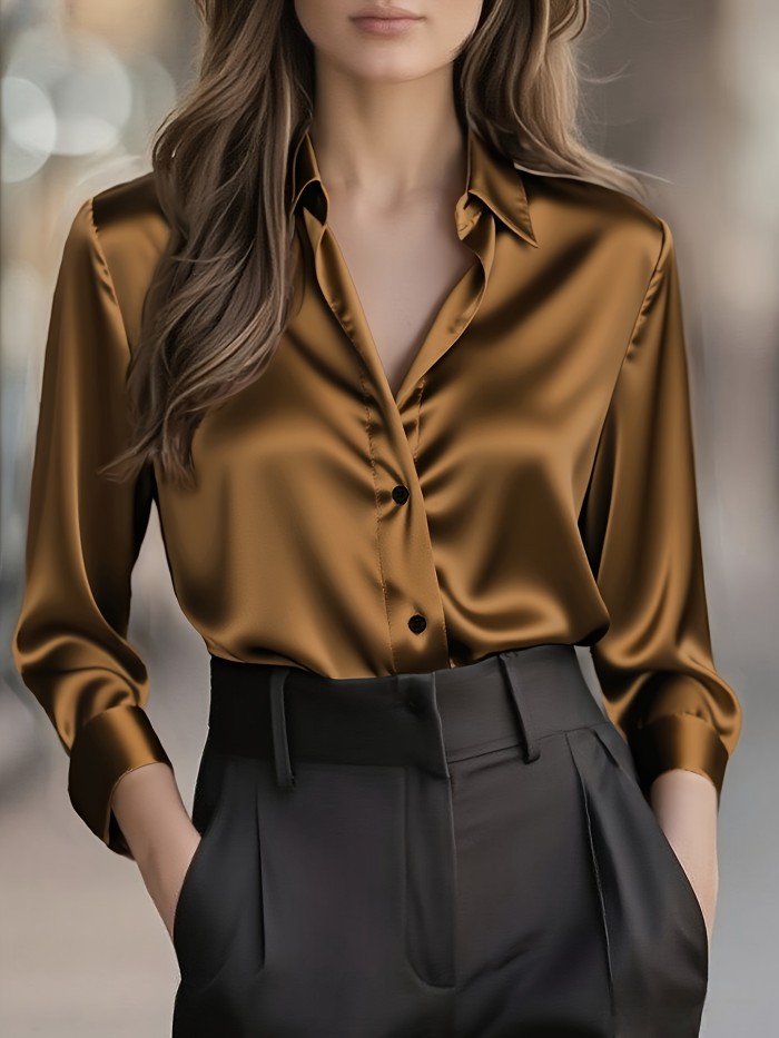 ✨Women’s Elegant Solid Satin Blouse | Long Sleeve Single Breasted Spring Fall Top
