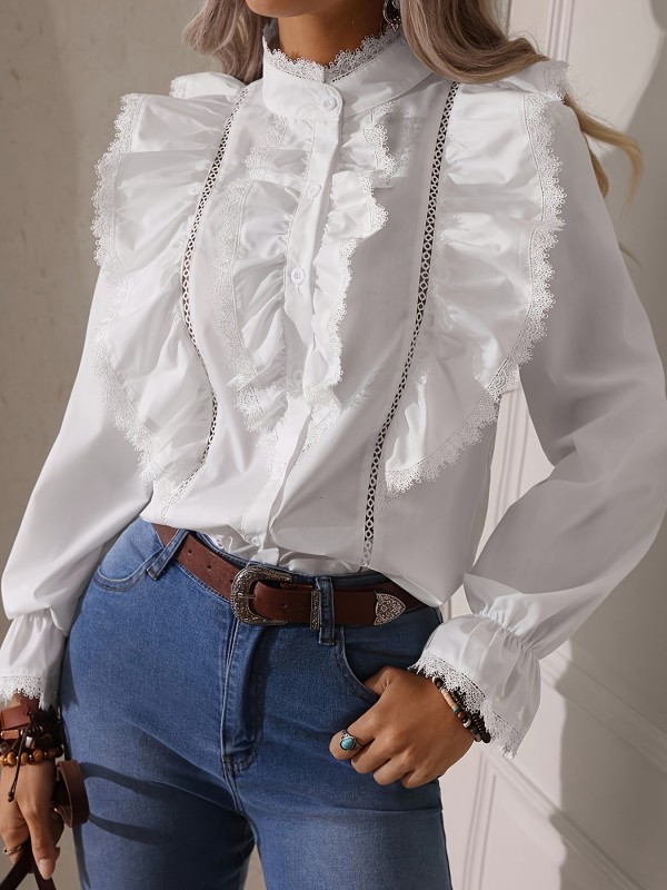 Women's Fashion White Ruffle Lace Loose Shirt