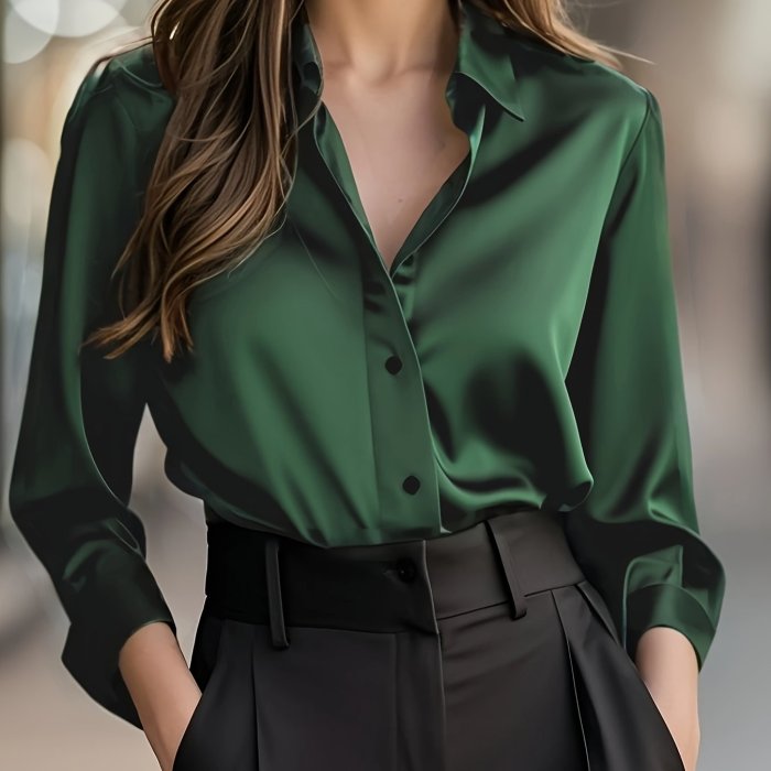 ✨Women’s Elegant Solid Satin Blouse | Long Sleeve Single Breasted Spring Fall Top