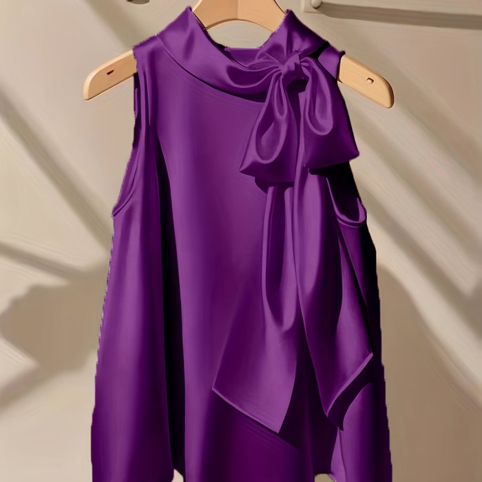 ✨Solid Bow Accent Sleeveless Blouse | Women’s Elegant Wedding Office Versatile Top