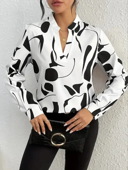 Allover Print V Neck Blouse, Vacation Style Flare Sleeve Top For Spring & Fall, Women's Clothing