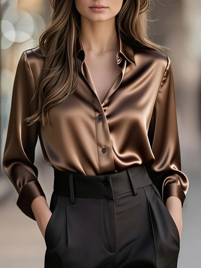 ✨Women’s Elegant Solid Satin Blouse | Long Sleeve Single Breasted Spring Fall Top