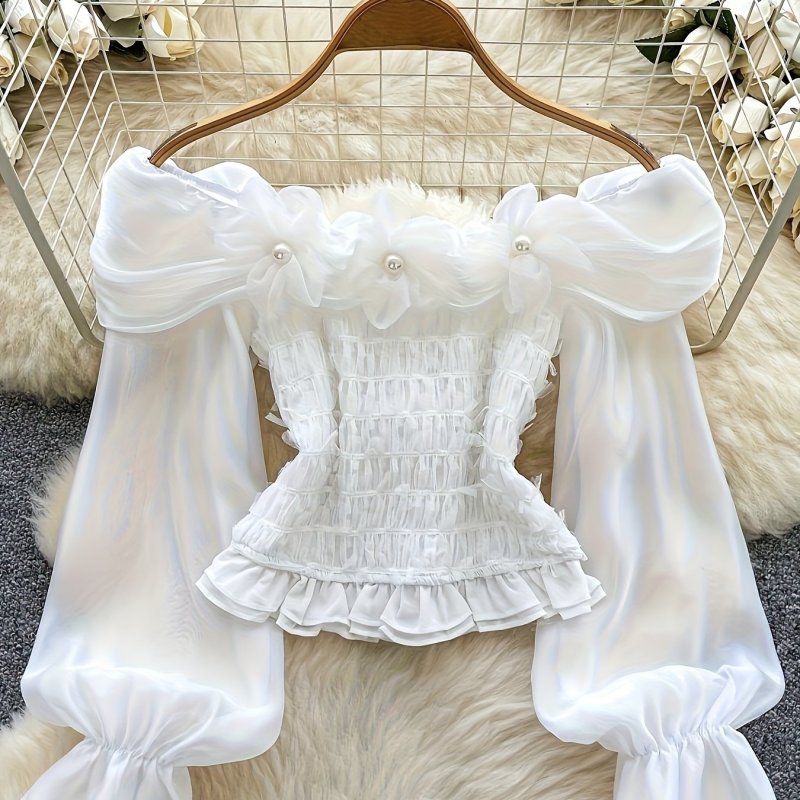 🌸Trendy Women’s Tops Collection | Off Shoulder Floral Bell Sleeve Strapless Solid Tee Casual Elegant