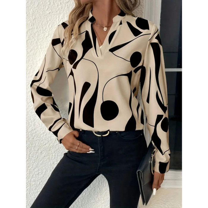 Allover Print V Neck Blouse, Vacation Style Flare Sleeve Top For Spring & Fall, Women's Clothing