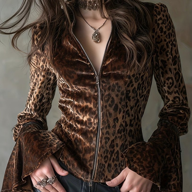 🐆Vintage Velvet Leopard Bell Sleeve Shirt | Drape Neck Ruffle Spring Fall Blouse