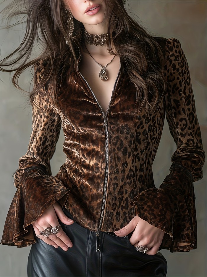 🐆Vintage Velvet Leopard Bell Sleeve Shirt | Drape Neck Ruffle Spring Fall Blouse