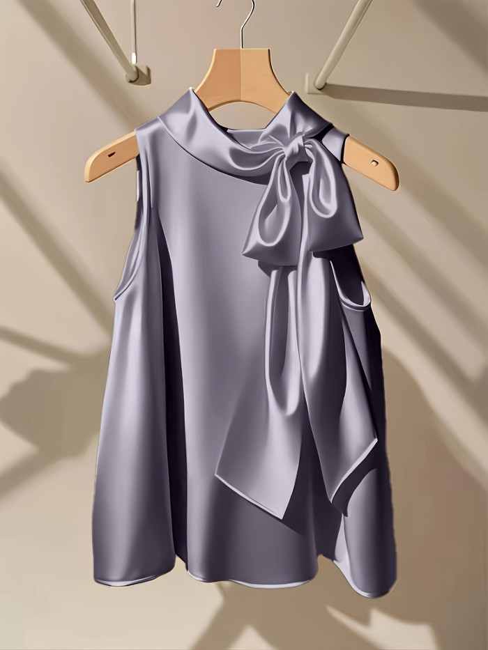 ✨Solid Bow Accent Sleeveless Blouse | Women’s Elegant Wedding Office Versatile Top