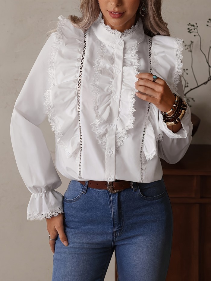 Women's Fashion White Ruffle Lace Loose Shirt