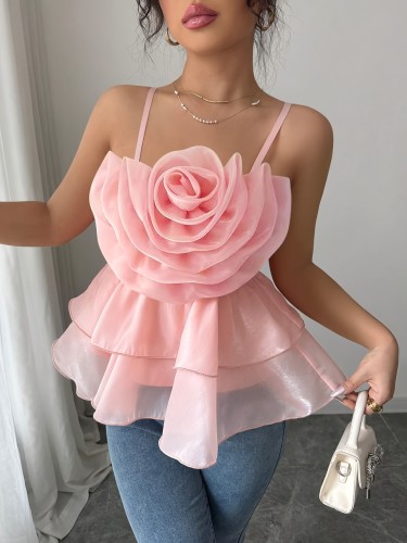 🌸Women’s Pink Floral Ruffled Tank Top | 3D Applique High-Waisted Loose Sleeveless Romper