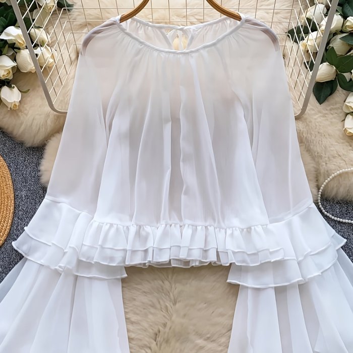 🩰French Chiffon Blouse | Crew Neck Flutter Sleeve Sheer Ruffle Hem Casual Top