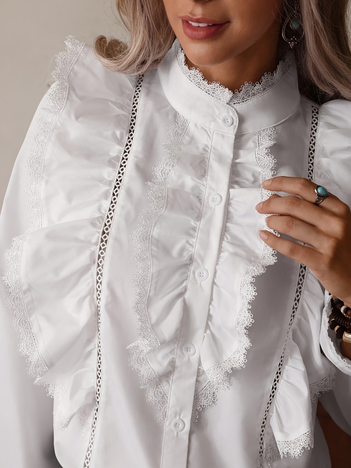 Women's Fashion White Ruffle Lace Loose Shirt