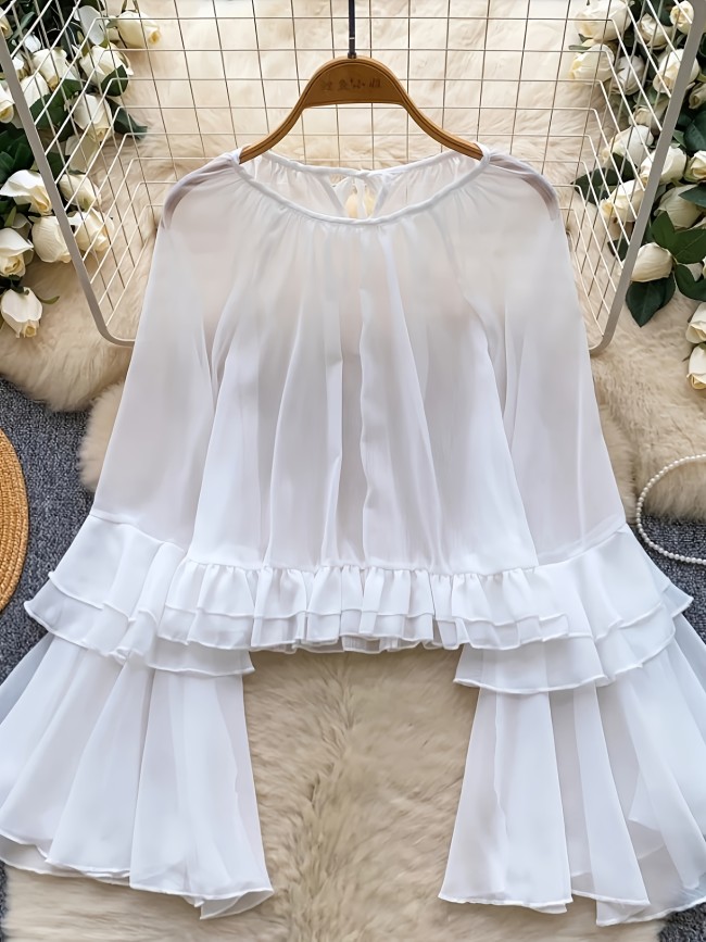 🩰French Chiffon Blouse | Crew Neck Flutter Sleeve Sheer Ruffle Hem Casual Top
