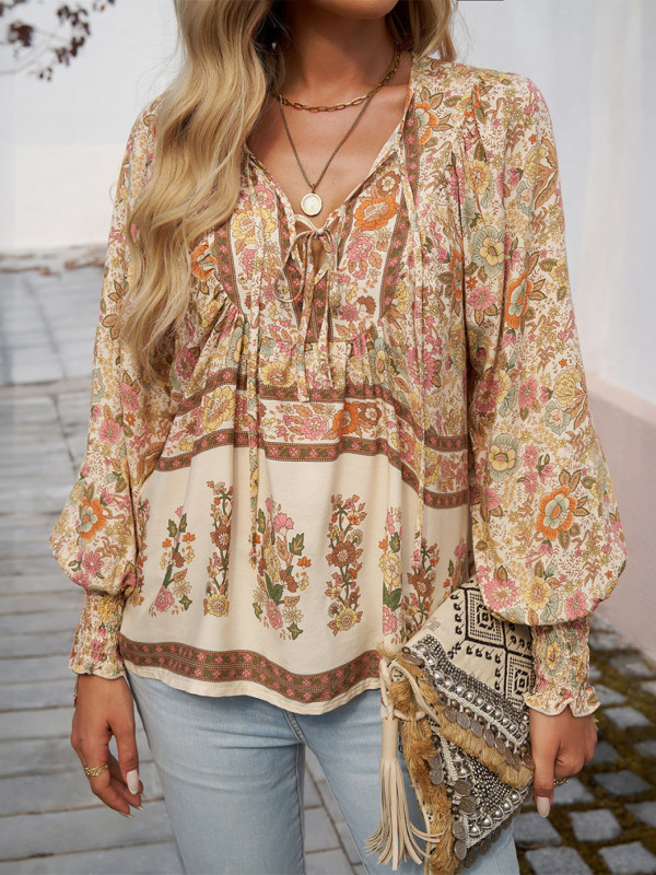 Women’s Bohemian Floral Shirt | V-Neck Tie-Waist Long Sleeve Loose European Style Top