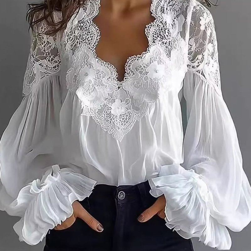 Women’s Elegant Lace Blouse | V-Neck Puff Sleeve Tassel Fringe Soft Spring Summer Top