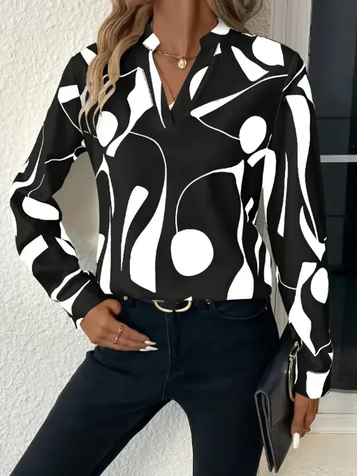Allover Print V Neck Blouse, Vacation Style Flare Sleeve Top For Spring & Fall, Women's Clothing