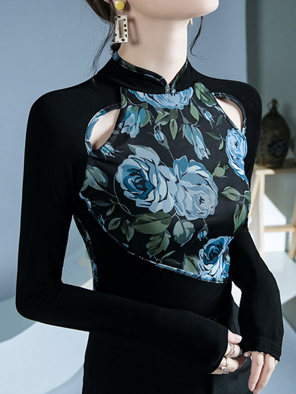 Split-Joint Hollow Flower Print Buttoned Skinny Long Sleeves Round-Neck T-Shirts Tops