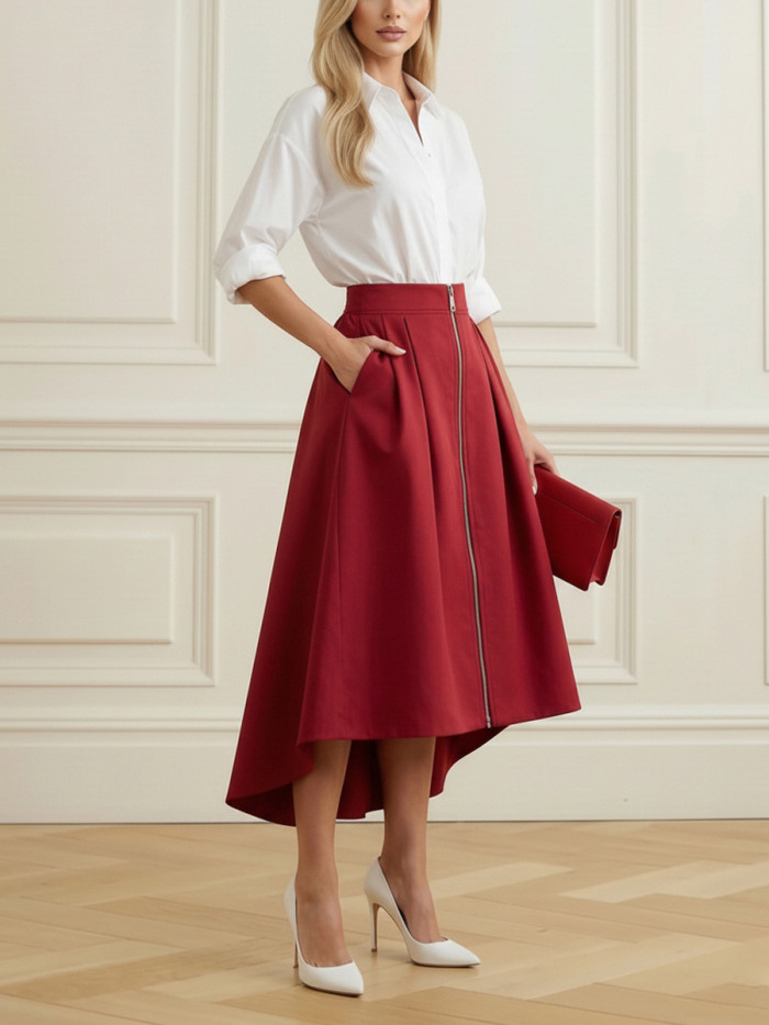 Zipper Solid Color Pockets Pleated High-Low A-Line Skirts Bottoms