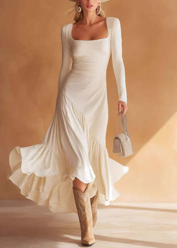 Classy White V Neck Square Collar Wrinkled Patchwork Cotton Dress Spring