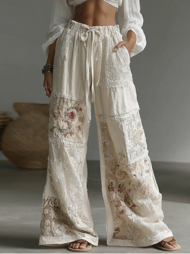 🌸Women’s Boho Floral Wide-Leg Trousers | Drawstring Color-Blocked Loose Wedding Holiday Casual Pants