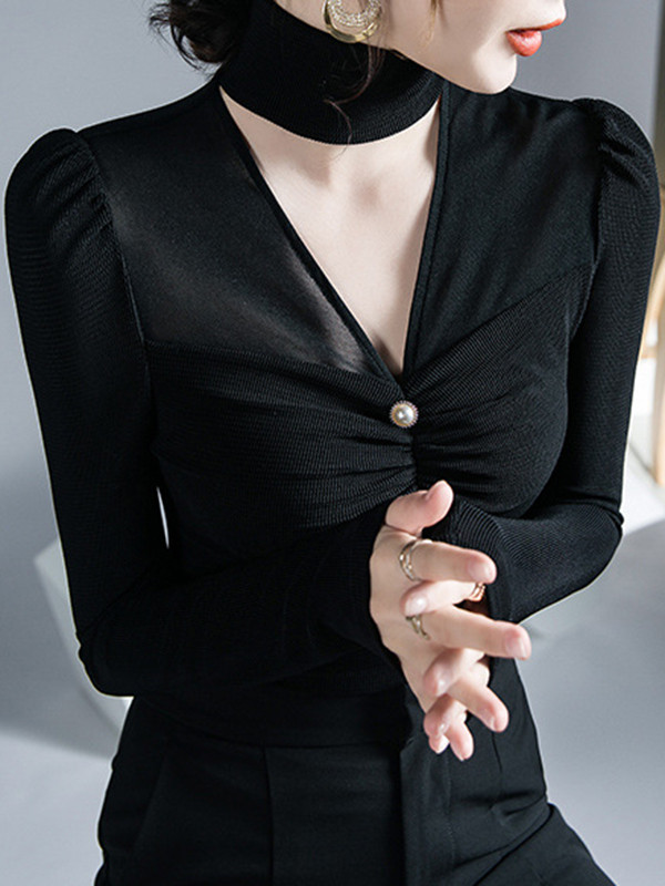 Solid Color Pleated Mesh Skinny Long Sleeves V-Neck T-Shirts Tops