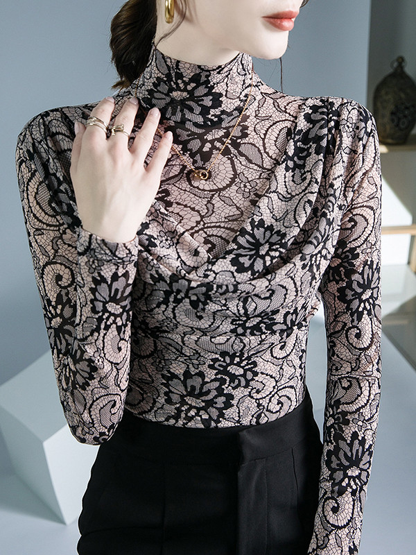 Pleated Flower Print Long Sleeves Mock Neck T-Shirts Tops