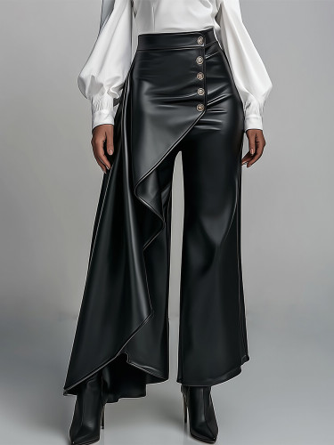 Zipper Split-Joint Solid Color Pleated Buttoned Wide Leg High Waisted Trousers Pants