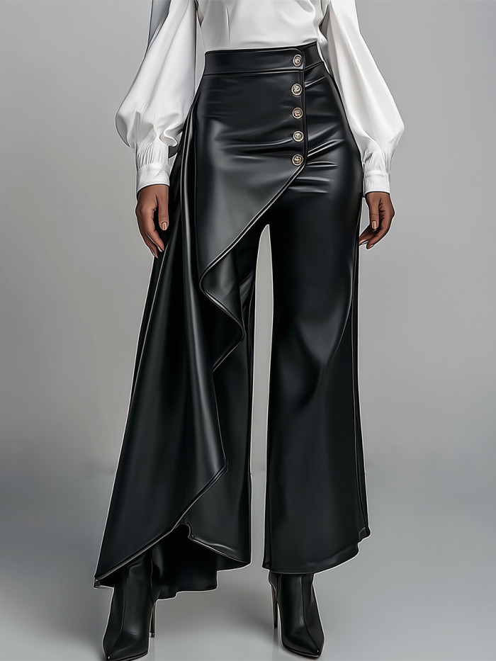 Zipper Split-Joint Solid Color Pleated Buttoned Wide Leg High Waisted Trousers Pants