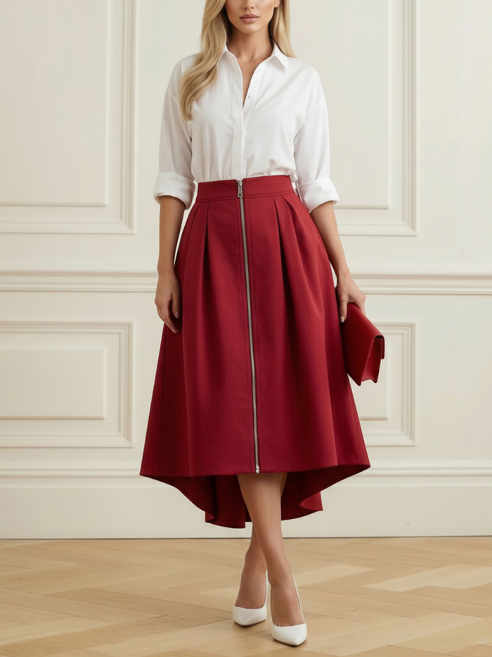Zipper Solid Color Pockets Pleated High-Low A-Line Skirts Bottoms