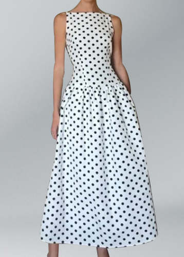 Elegant White O Neck Dot Print Cotton Long Dresses Sleeveless