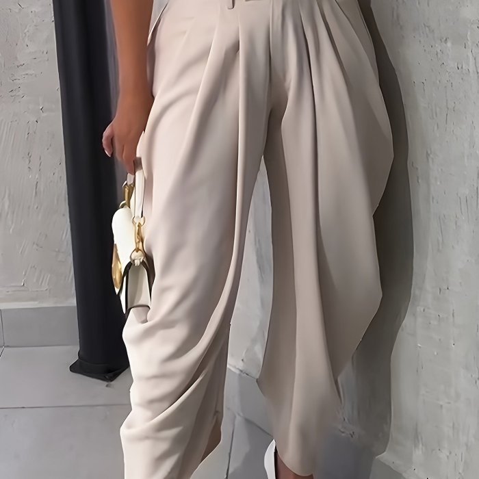 Women'S Stylish Solid Color Buttoned Pleated Casual Long Pants