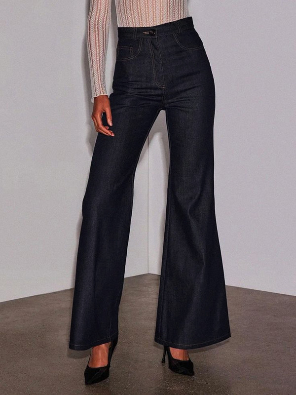 Solid Color Pockets Wide Leg High Waisted Jean Pants Bottoms