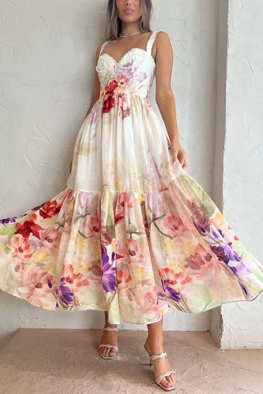 Romantic Date Floral Ruffle Detail Pocketed Corset Maxi Formal / Vacation Dress