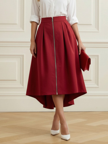 Zipper Solid Color Pockets Pleated High-Low A-Line Skirts Bottoms