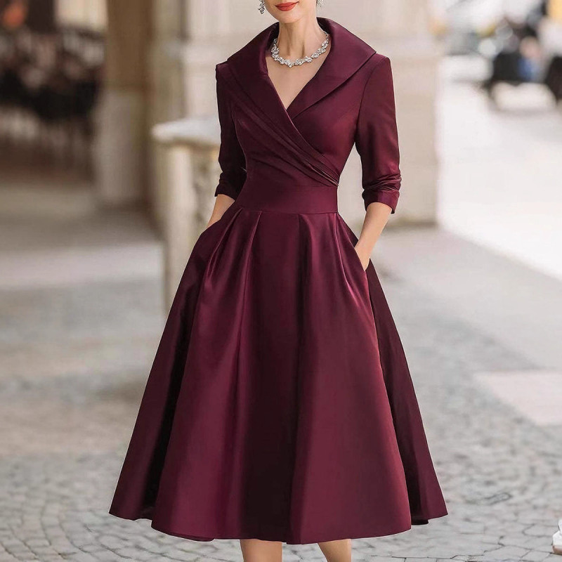 Elegant Satin Waist-Cinching Long-Sleeved Long Dress