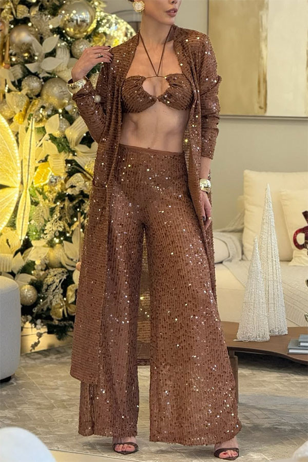 Seaside Whisper Sequin Tie-up Elastic Crop Tank and High Rise Zipper Loose Pants Set