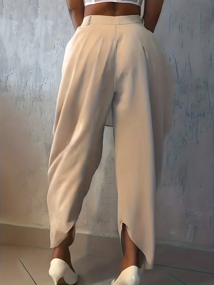 Women'S Stylish Solid Color Buttoned Pleated Casual Long Pants