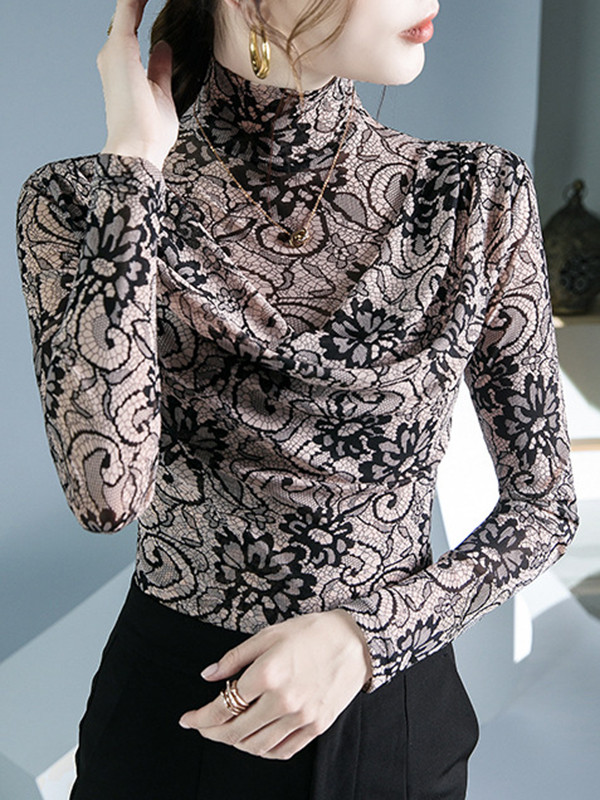 Pleated Flower Print Long Sleeves Mock Neck T-Shirts Tops