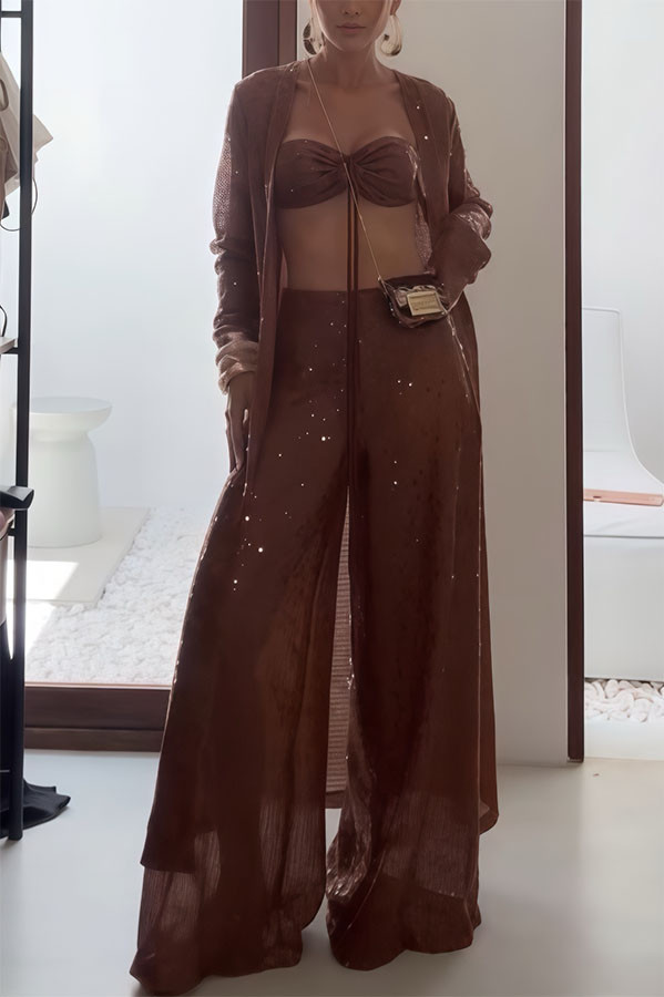 Seaside Whisper Sequin Tie-up Elastic Crop Tank and High Rise Zipper Loose Pants Set