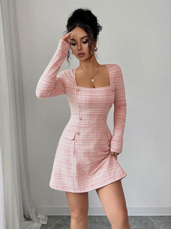 Plaid Contrast Color Buttoned Long Sleeves High Waisted Square-neck Mini Dresses