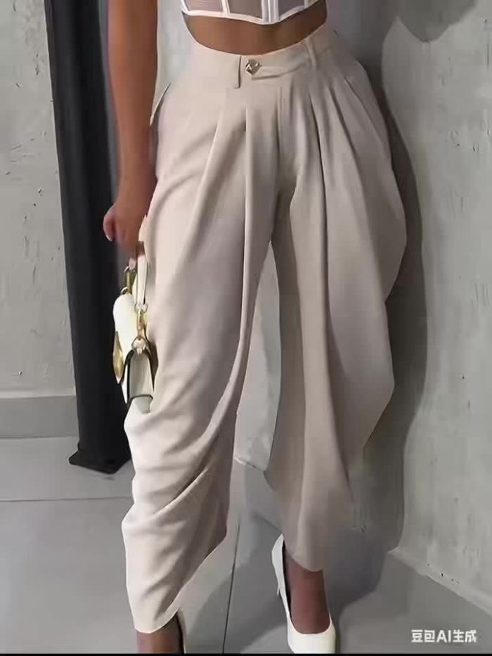 Women'S Stylish Solid Color Buttoned Pleated Casual Long Pants