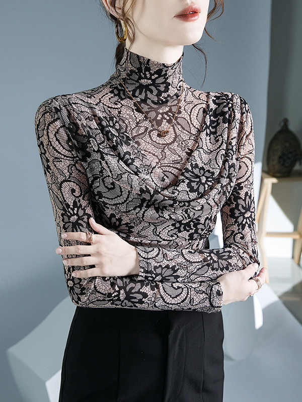 Pleated Flower Print Long Sleeves Mock Neck T-Shirts Tops