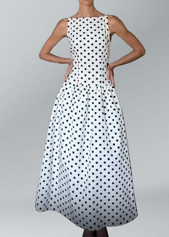 Elegant White O Neck Dot Print Cotton Long Dresses Sleeveless