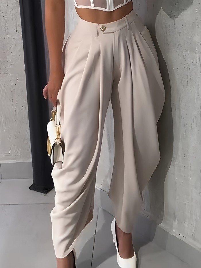 Women'S Stylish Solid Color Buttoned Pleated Casual Long Pants